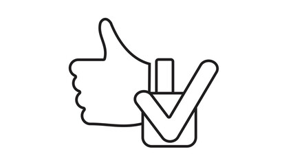 Thumbs up hand gesture with a checkmark in a box vector icon illustration. Minimalist black line art symbol for approval, success, positive feedback, agreement, and quality assurance. © MohammadMasudurRah