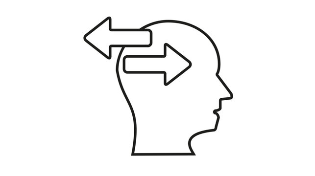 Minimalist black vector icon of a human head profile with two arrows pointing in opposite directions, symbolizing decision making, internal conflict, mental health, and cognitive thought processes.