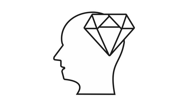 Minimalist black vector icon illustration of a human head silhouette profile with a diamond gem inside the brain, representing brilliant ideas, mental value, and creative intelligence.