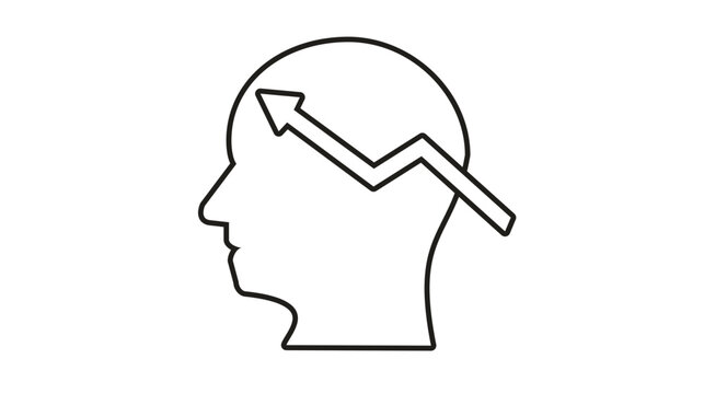Minimalist black vector icon illustration of a human head profile with an upward trending arrow inside, representing mental growth, personal development, cognitive progress, and success mindset.