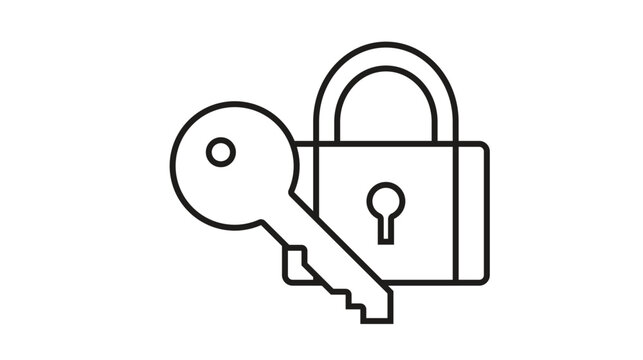 Minimalist black line art vector icon illustration of a padlock and key symbol, representing security, privacy, and protection for digital or physical access control, isolated on white background.