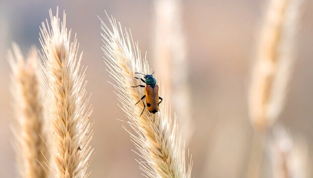 Brown insect crawls on sunlit golden grain ears, shallow depth field