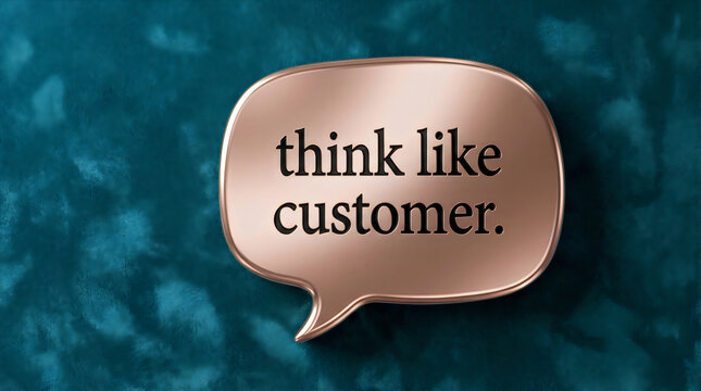 Rose gold speech bubble with, think like customer text on teal background customer background