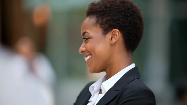 Smiling businesswoman with short hair in a suit in an urban outdoor setting during the day