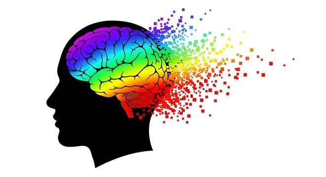 Colorful abstract brain exploding from silhouette head, symbolizing creativity