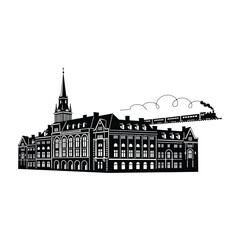 Fototapeta premium Black and white illustration of old building with train cityscape architecture