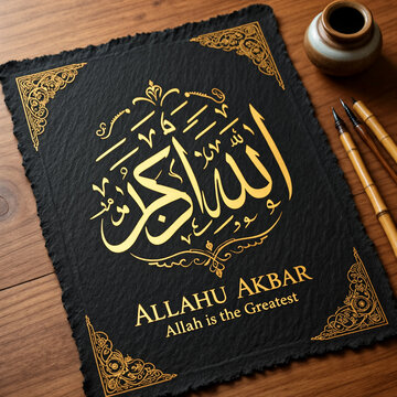 Elegant Allahu Akbar Gold Calligraphy on Black Textured Paper