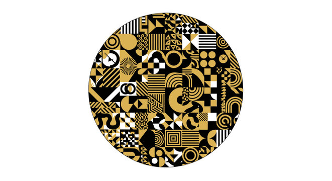 Abstract circular composition with gold and black geometric patterns.