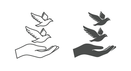 Fototapeta premium Minimalist vector graphic illustration of doves flying upwards from an open human hand for design concepts