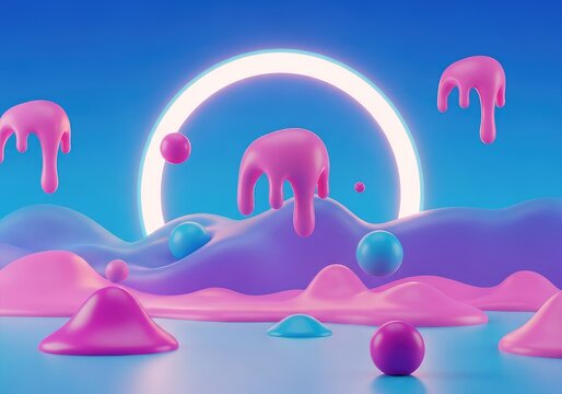 Abstract and highly vibrant dreamscape featuring melting organic forms, floating spheres, and impossible perspective under a glowing sky, modern, rendering, abstract