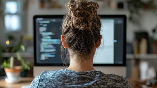 Woman Coding from Home at Desktop Workstation