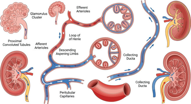 Nephron structure and kidney anatomy vector illustration featuring glomerulus loop of Henle collecting duct and renal filtration system in detailed medical diagram