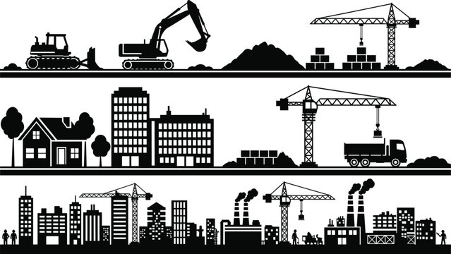 Set of black silhouettes featuring heavy construction machinery urban building sites and industrial factory skylines isolated on white background vector