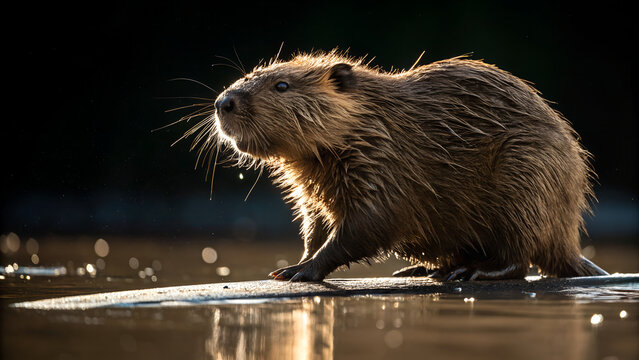 A large brown nutria stands in water with a dark background