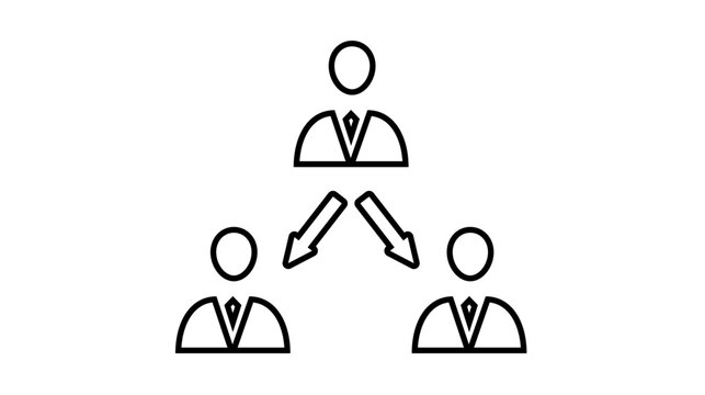 Business leadership and delegation vector icon illustration featuring a hierarchical team structure with a manager directing two subordinates using arrows, minimalist black line art symbol.