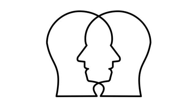 Minimalist black line art vector illustration of two overlapping human head profiles facing opposite directions, symbolizing psychology, empathy, mental health, and shared consciousness.