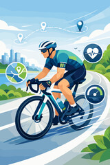 Fototapeta premium Cyclist riding on a scenic route with digital tracking and health monitoring icons