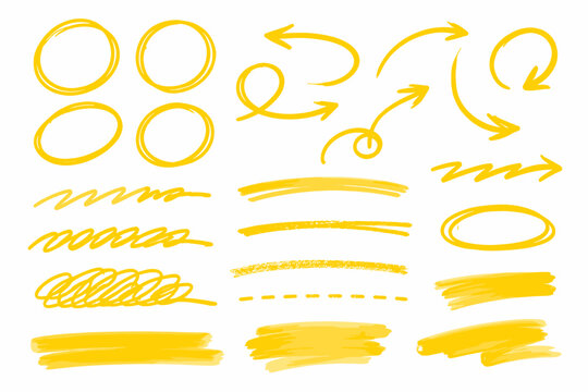 Collection of yellow hand-drawn highlighter marks and arrows on white background