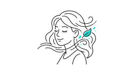 Fototapeta premium Serene woman with flowing hair and a leaf, embodying natural beauty and peace