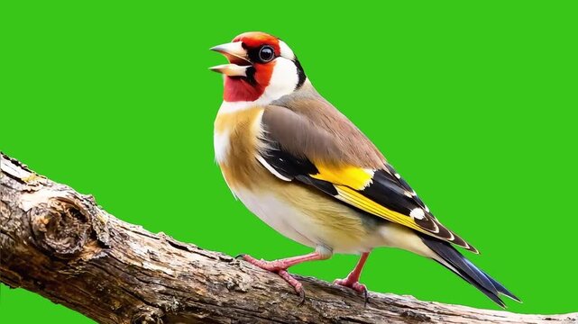 Closeup of european goldfinch perched on the tree and singing in green background