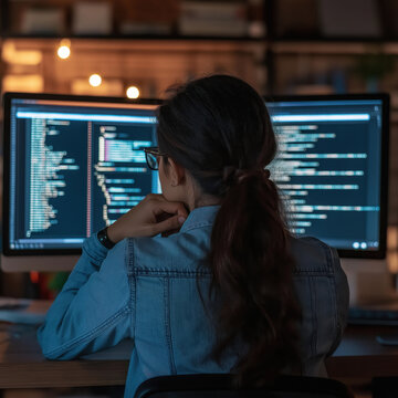 Female Developer at Dual Monitors in Dark Office