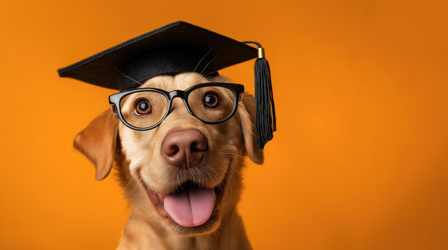 Funny labrador retriever wearing graduation cap and round glasses with tongue out against bright orange studio background, centered portrait with clear copy space. Education humor concept