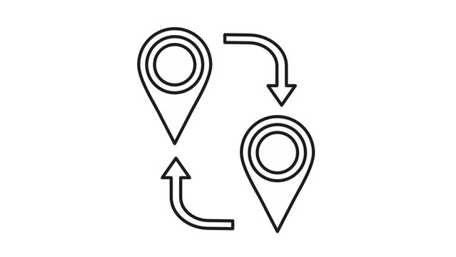 Minimalist black line art vector icon of two map pin location markers with curved arrows indicating a round trip, exchange, or movement between two points for navigation, travel, and logistics.