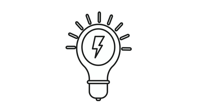 Minimalist black vector line icon of a glowing light bulb with a lightning bolt symbol inside, representing energy, electricity, innovation, and creative ideas, isolated on a white background.