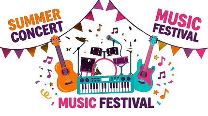 Obraz premium Summer concert music festival colorful illustration with instruments