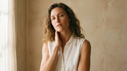 Fototapeta premium Thoughtful Woman Touching Neck with Curly Hair in Soft Natural Light