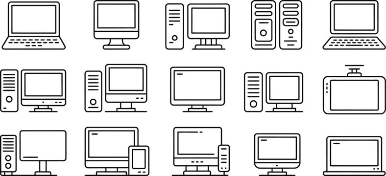 Computer Icons Set, Desktop and Laptop Symbols, Technology Line Art, 20 Devices