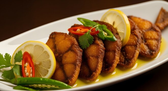 Grilled hilsha fish with lemon and herbs on white plate, close-up food photography
