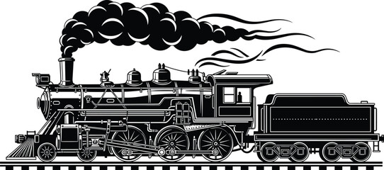 Vintage steam locomotive train vector illustration with thick smoke on tracks for retro transportation, industrial history, and classic railway travel. ©  JB Creative.