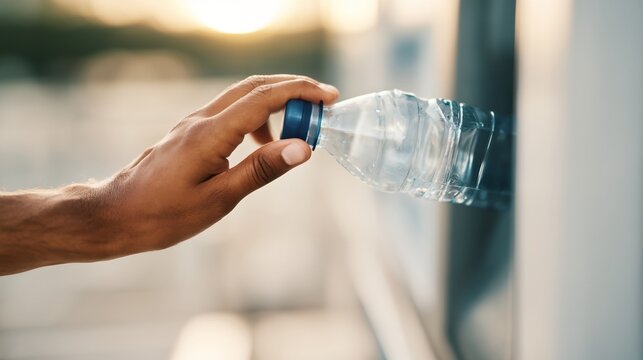 Hand uses water fountain to fill reusable bottle