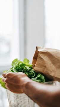 Person grabs fresh lettuce from eco-friendly paper bag near window
