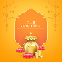 Obraz na płótnie Canvas Happy Akshaya Tritiya - poster template design with kalash and gold coin.