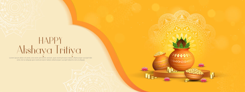 Happy Akshaya Tritiya - banner template design with kalash and gold coin.