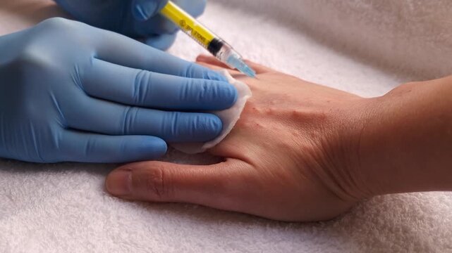 Close-up of a doctor in blue gloves injecting a syringe into a patient's hand. Professional skin rejuvenation or biorevitalization procedure in a bright medical office.