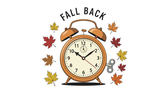 A vintage copper-colored alarm clock sits centered among vibrant falling autumn leaves under the bold black text instructions to fall back for daylight savings.