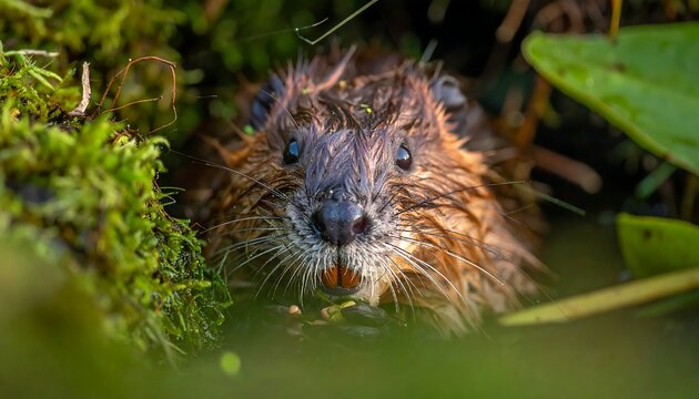 Brown, wet rodent peeks from green foliage, showcasing buck teeth and dark eyes, surrounded by natural habitat