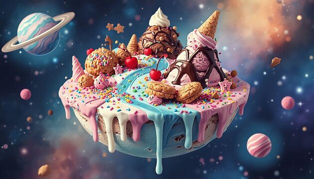 Creative Illustration of a Sundae-Themed Planet in a Star-Filled Galaxy