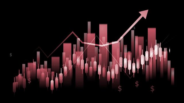 Abstract financial chart with candlesticks, bar graphs and upward arrow animation