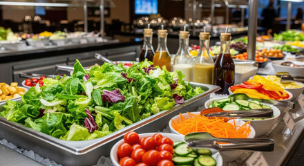 Obraz premium Colorful salad bar with fresh lettuce, spinach, cherry tomatoes, cucumbers, olives, shredded carrots, peppers and cottage cheese for self-serve dining. Healthy eating concept.
