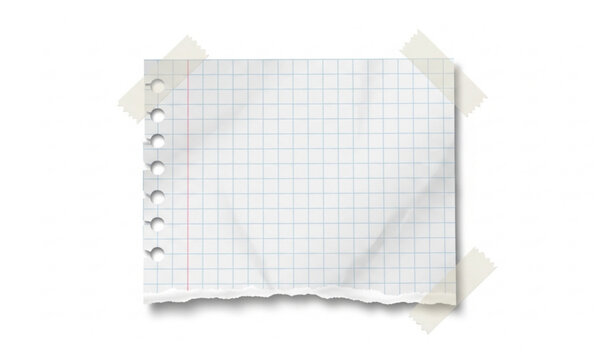 Torn squared paper with transparent tape realistic crumpled notebook sheet PNG isolated on white