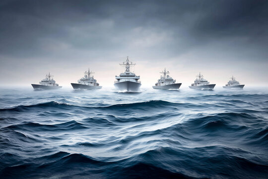 Naval vessels operate in formation on the ocean under cloudy skies during early morning hours
