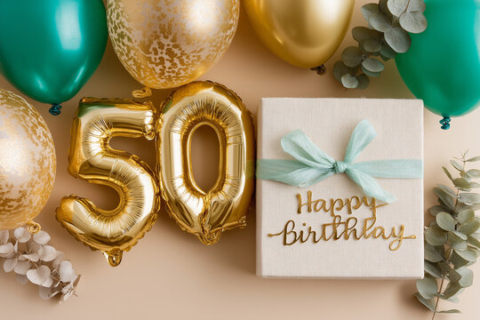 Celebration of a milestone birthday with balloons, a gift box, and decorations for turning 50 years old