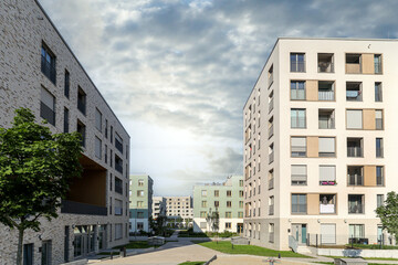 Fototapeta premium Cityscape of a residential area with modern sustainable apartment buildings, new green urban landscape in the city