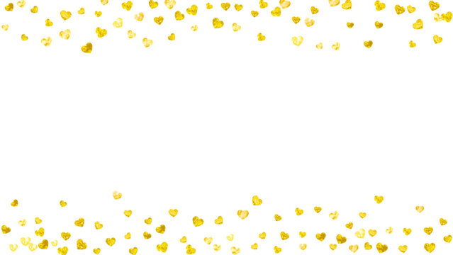 Heart Background. February Poster For Mom. Special Frame. Golden Retro Splatter. Luxury Banner For Couple. Yellow Random Sparkle. Gold Heart Background.