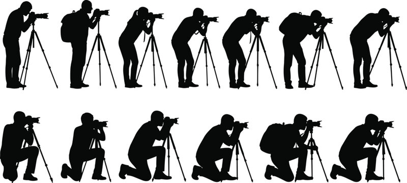 Set of Professional Photographer Silhouettes Using DSLR Cameras and Tripods in Standing and Kneeling Poses for Photography Media Production and Creative Arts