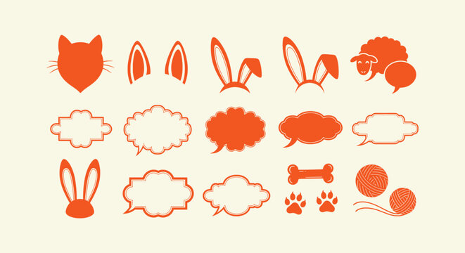 Pet themed icon set with orange cat, rabbit ears, speech bubbles, bone and yarn ball silhouettes.